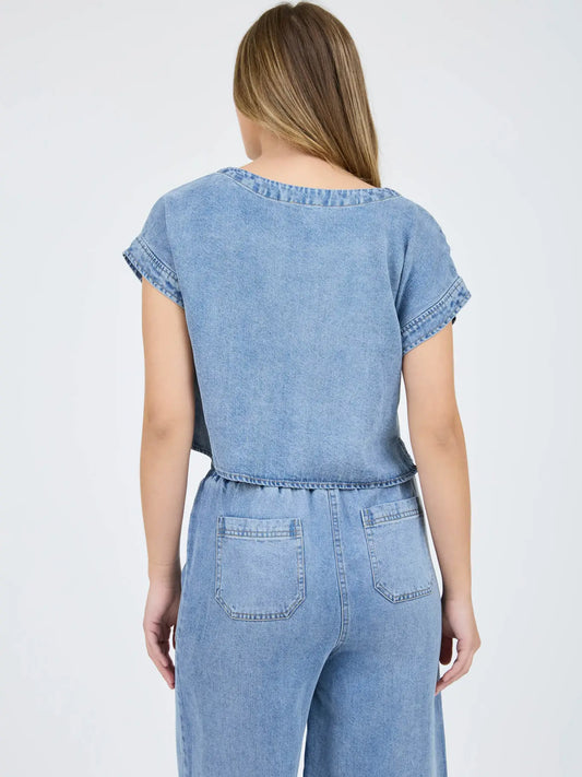 Washed Chambray Boat Neck Crop Top