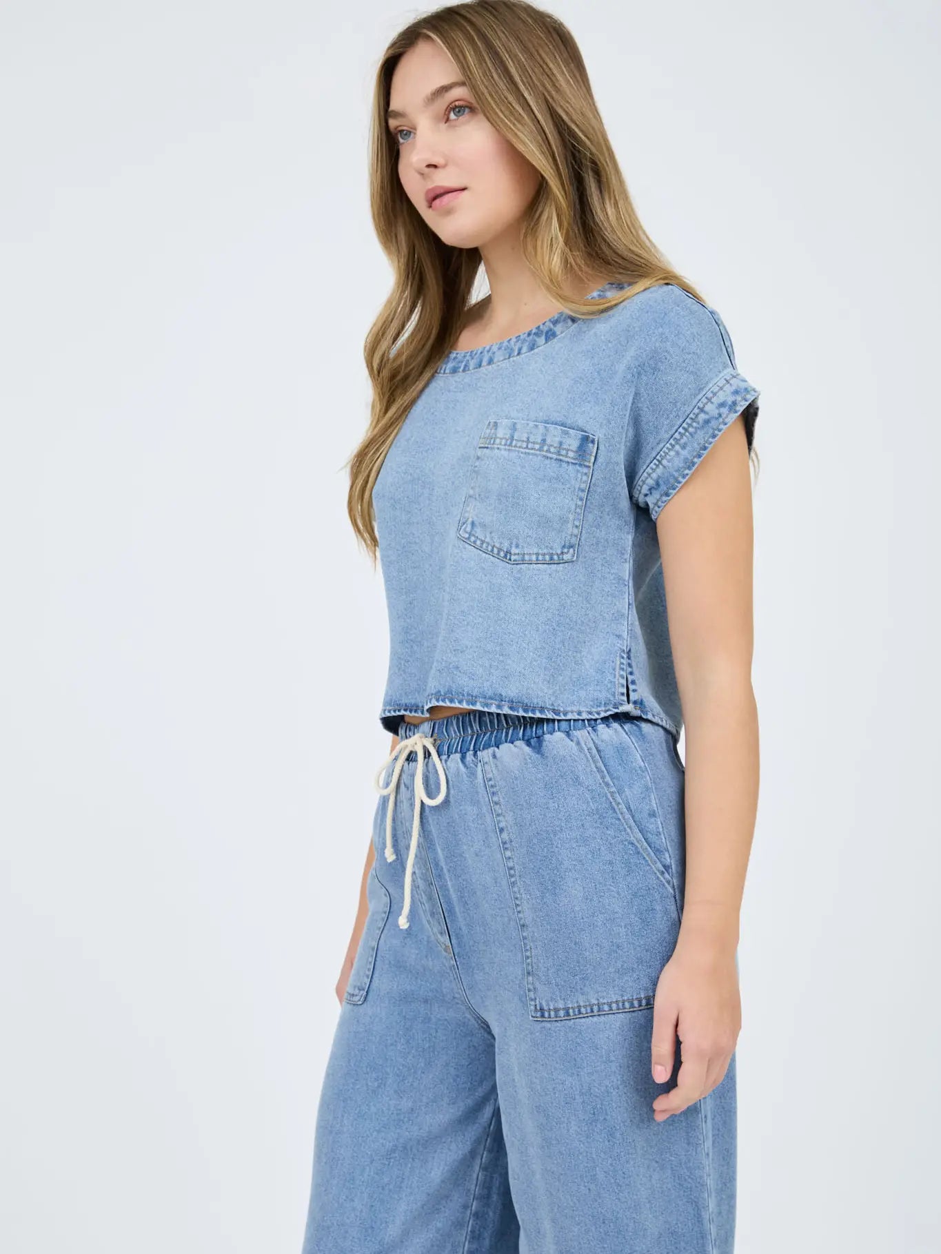 Washed Chambray Boat Neck Crop Top