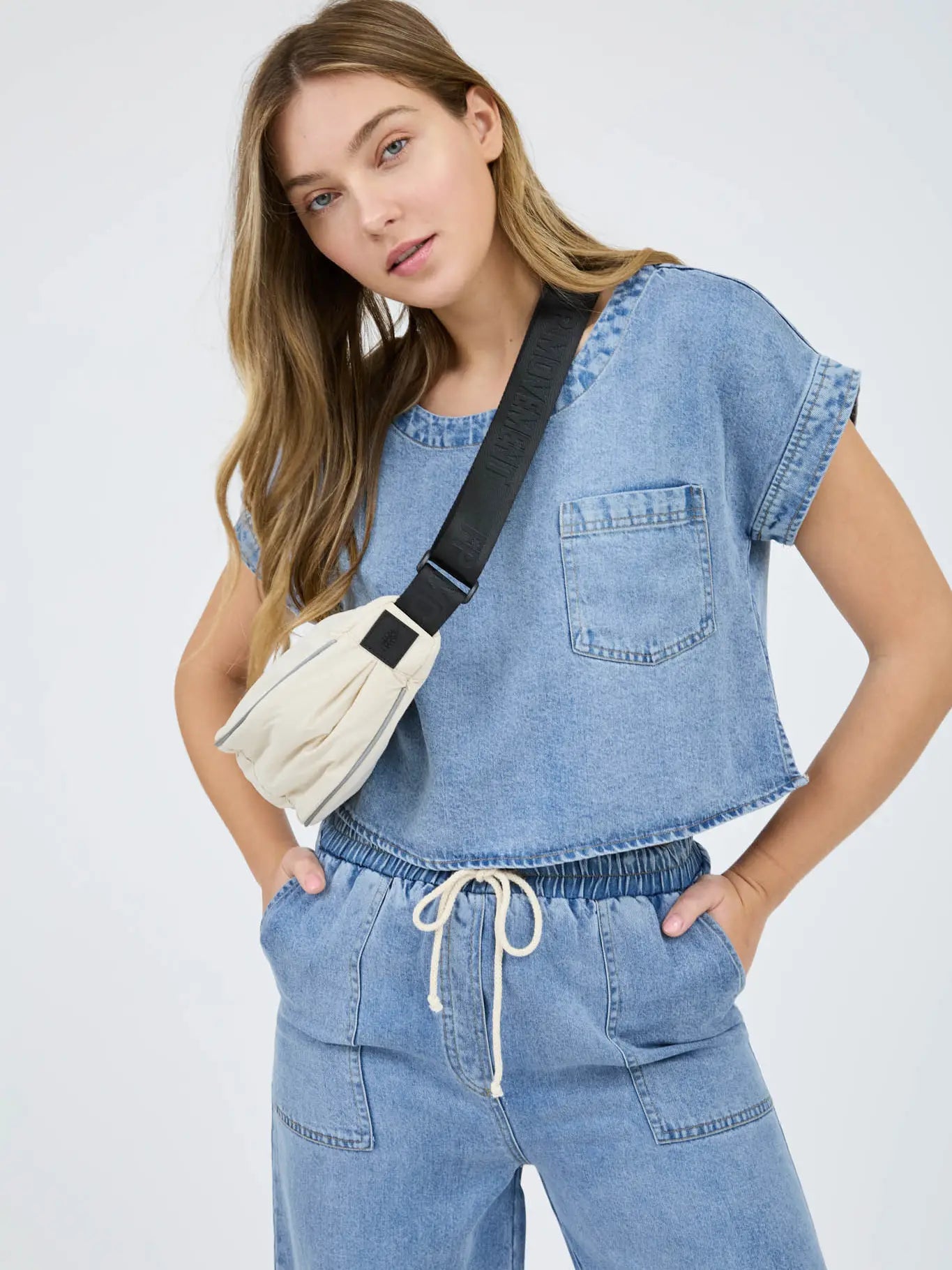 Washed Chambray Boat Neck Crop Top