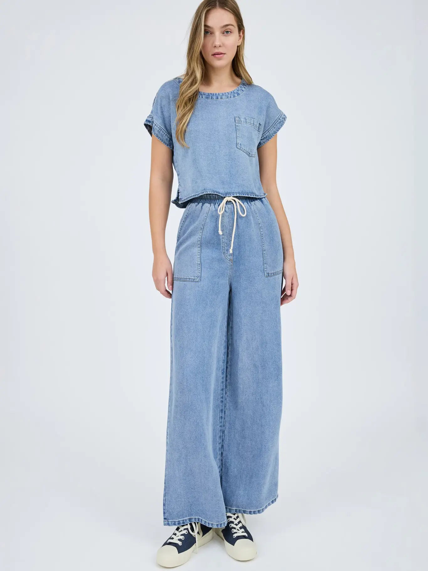 Washed Chambray Boat Neck Crop Top