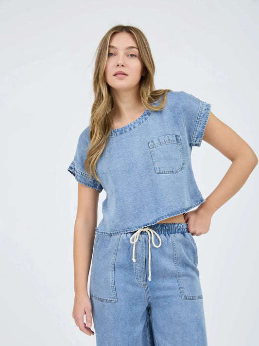 Washed Chambray Boat Neck Crop Top