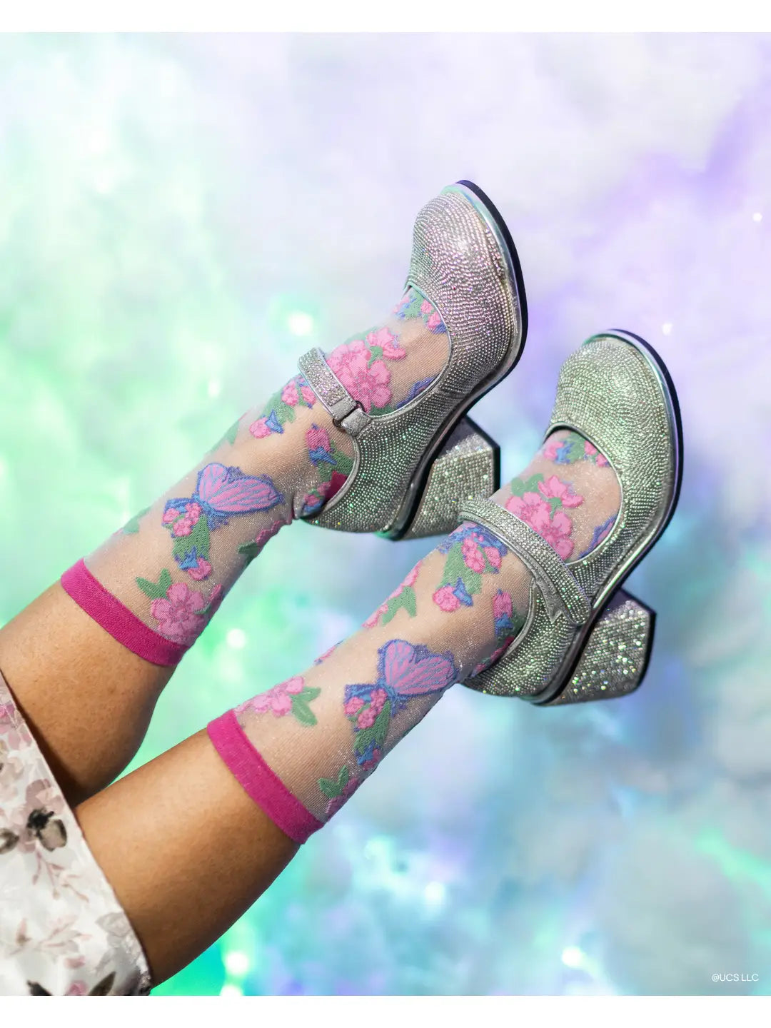 Wicked Glinda Land Butterfly Shimmer Sheer Crew Socks