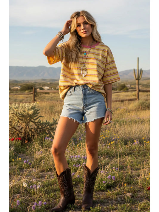 Yellow Combo Striped Relaxed Fit Tee