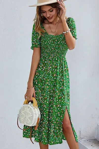 Green Floral Dress With Slit