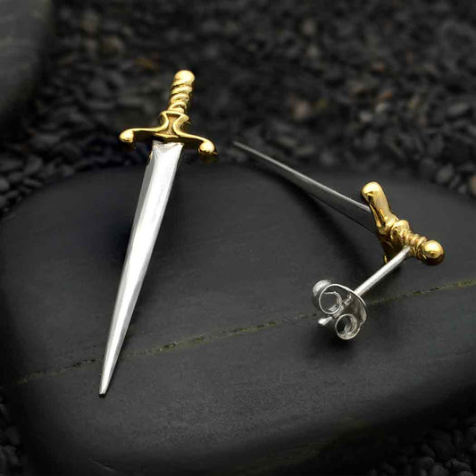 Large Sword Post Earrings Mixed Metal