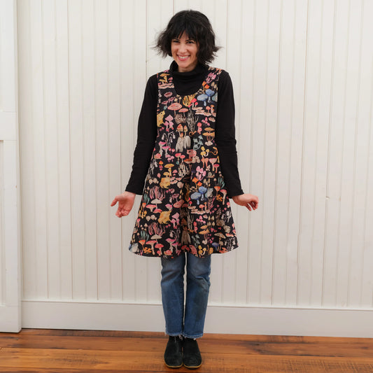 Mushroom Magic Pinafore Apron in Black