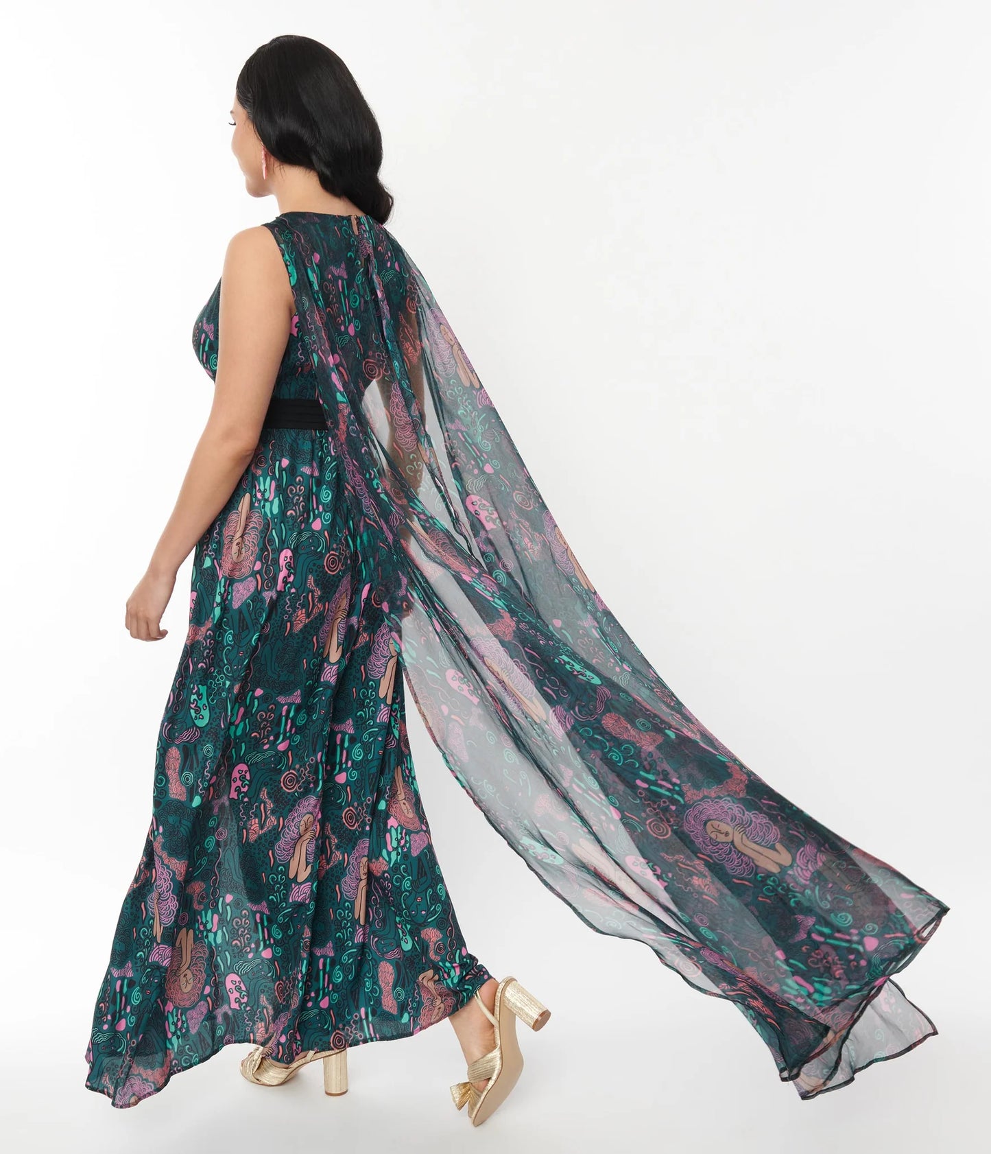 Green Psychedelic Woman Print Cape Dress