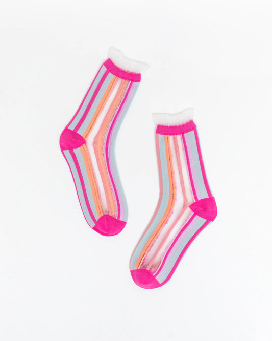 Candy Stripe Sheer Ruffle Crew Socks