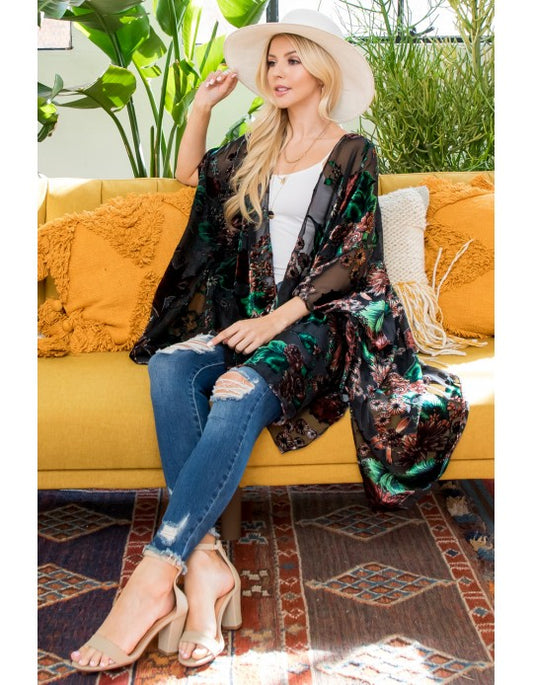 Green & Copper Floral Kimono