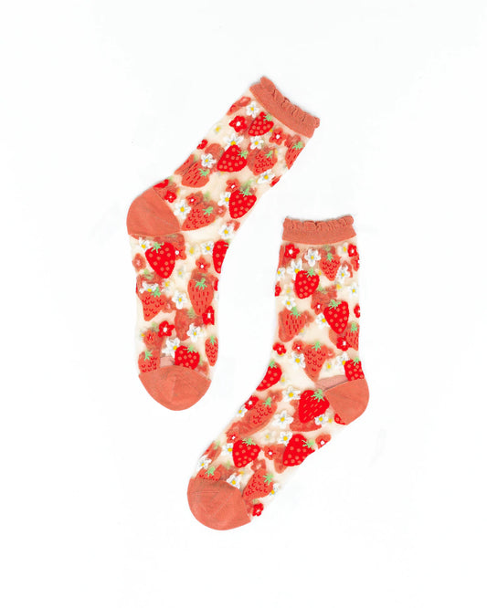 Strawberry Daisy Sheer Ruffle Crew Socks