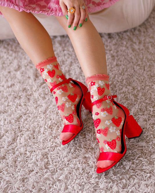 Strawberry Daisy Sheer Ruffle Crew Socks