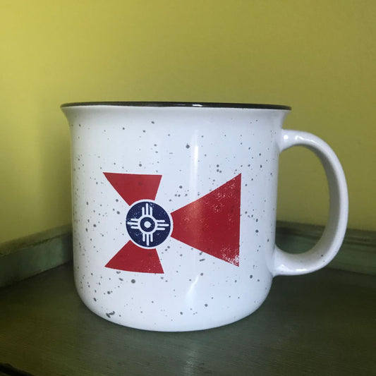 White ceramic Wichita flag campfire mug